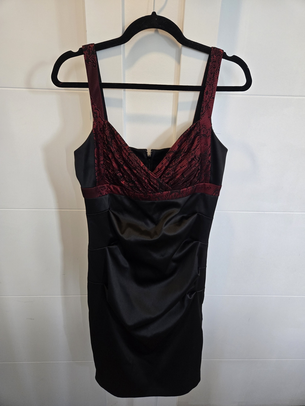 le chateau Black Satin Chemise with Burgundy Lace Bodice